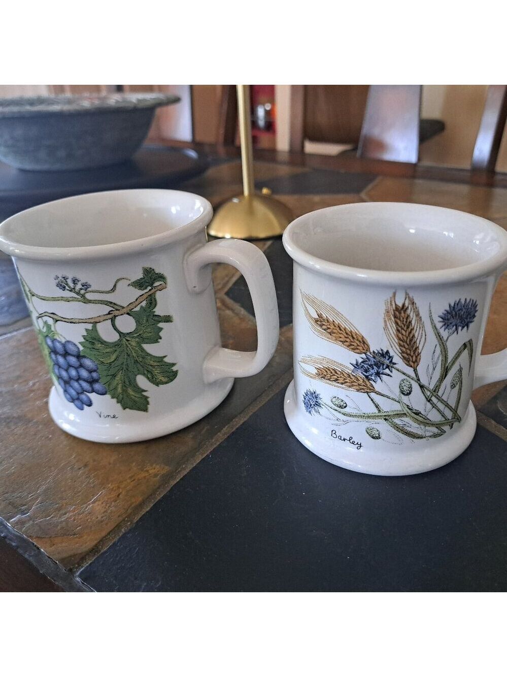 Two VTG LAUFFER mugs Barley Vine Coffee Cups Grain grape vines 12oz stoneware
